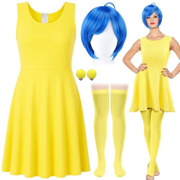 5 Pieces Halloween Movie Party Costume Include Yellow Dress Short Blue Pixie🥳 - Picture 1 of 6